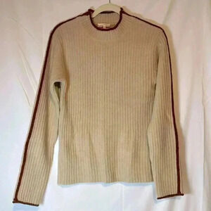MYSTREE ROUND NECK RIBBED KNIT PULLOVER SWEATER BEIGE BROWN‎ PIPING SIZE LARGE
